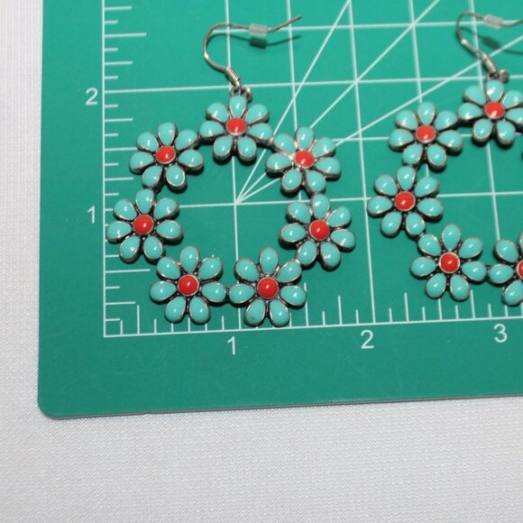 Floral Loop Dangle Turquoise and Red Earrings - Picture 3 of 7